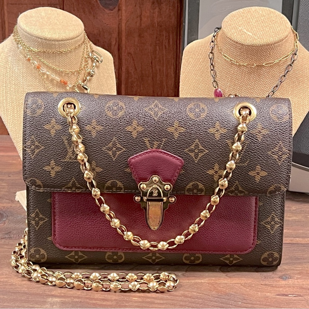 Victoire Handbag Monogram Canvas and Leather, burgundy accent